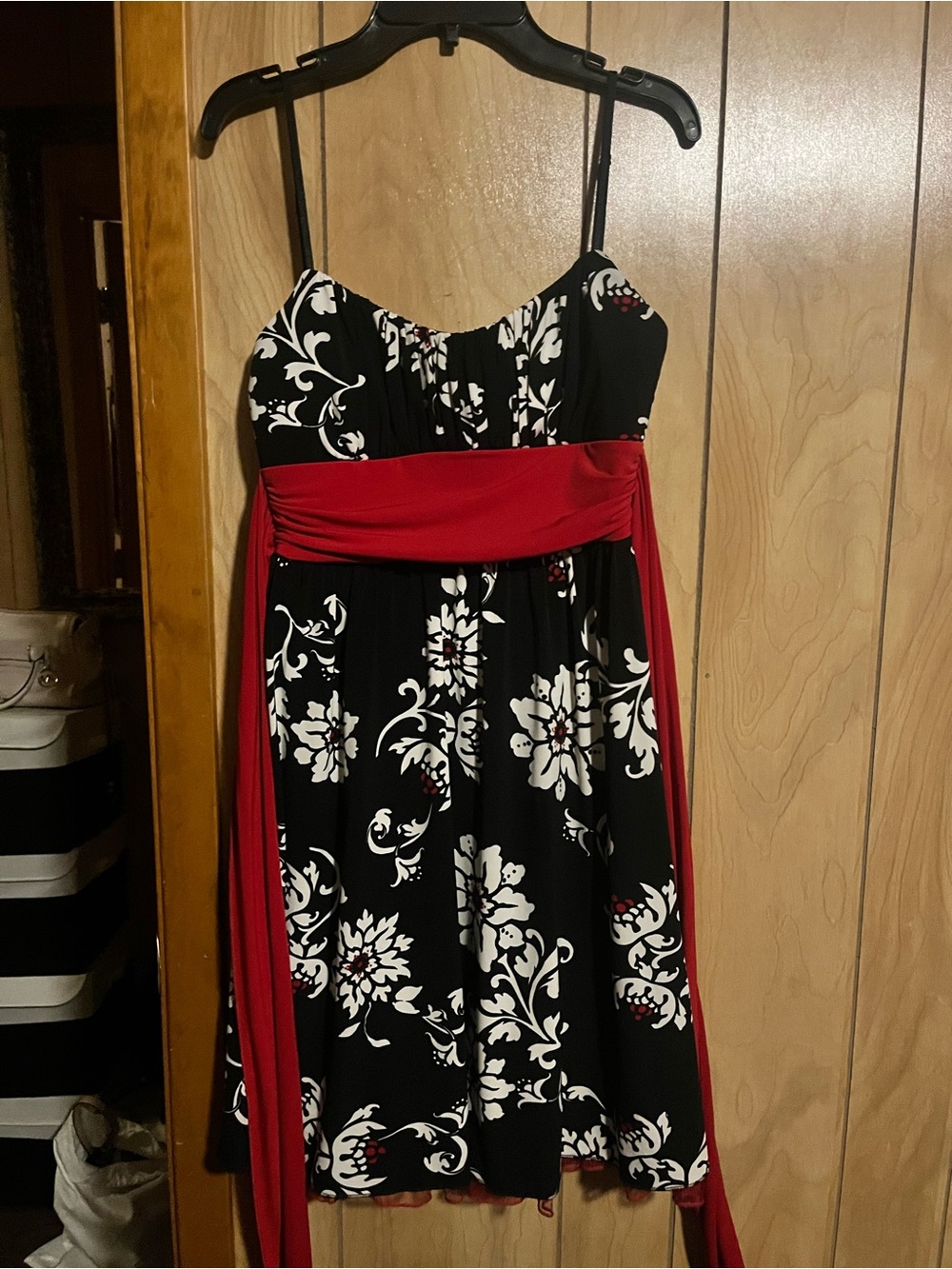 Ruby Rox Black & White Floral Strapless Dress with Red Sash